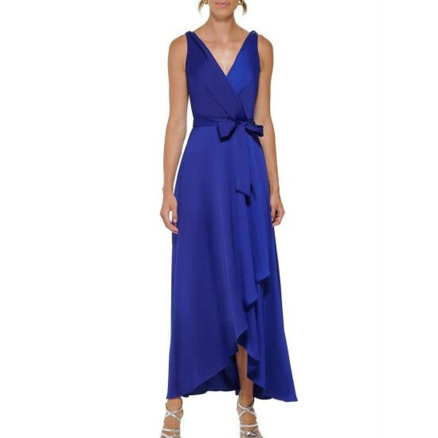 Women'S Clothing * | Buy Dkny Satin Surplice V-Neck Sleeveless Faux Wrap Self-Tie Belted Dress Berry Blue