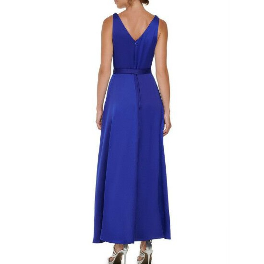 Women'S Clothing * | Buy Dkny Satin Surplice V-Neck Sleeveless Faux Wrap Self-Tie Belted Dress Berry Blue