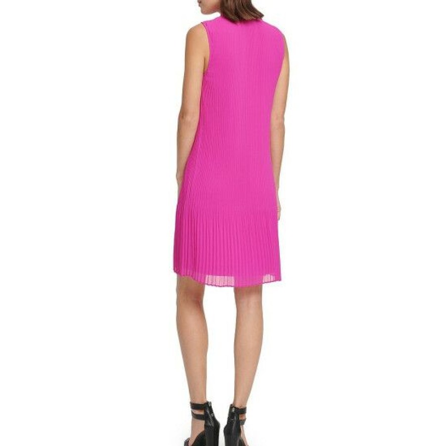 Women'S Clothing * | Top 10 Dkny Split Tie V-Neck Sleeveless Pleated Chiffon Trapeze Dress Raspberry