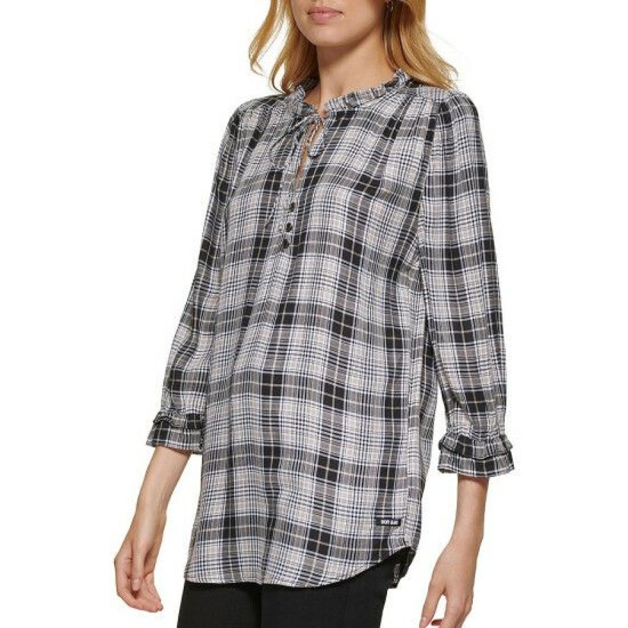 Women'S Clothing * | Top 10 Dkny Tie Neck Plaid Print Split Self-Tie V-Neck 3/4 Sleeve Ruffle Hem Top Pure Plaid