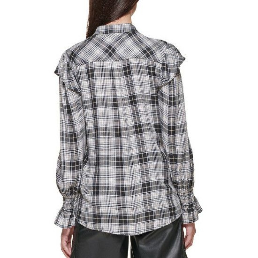 Women'S Clothing * | Top 10 Dkny Tie Neck Plaid Print Split Self-Tie V-Neck 3/4 Sleeve Ruffle Hem Top Pure Plaid