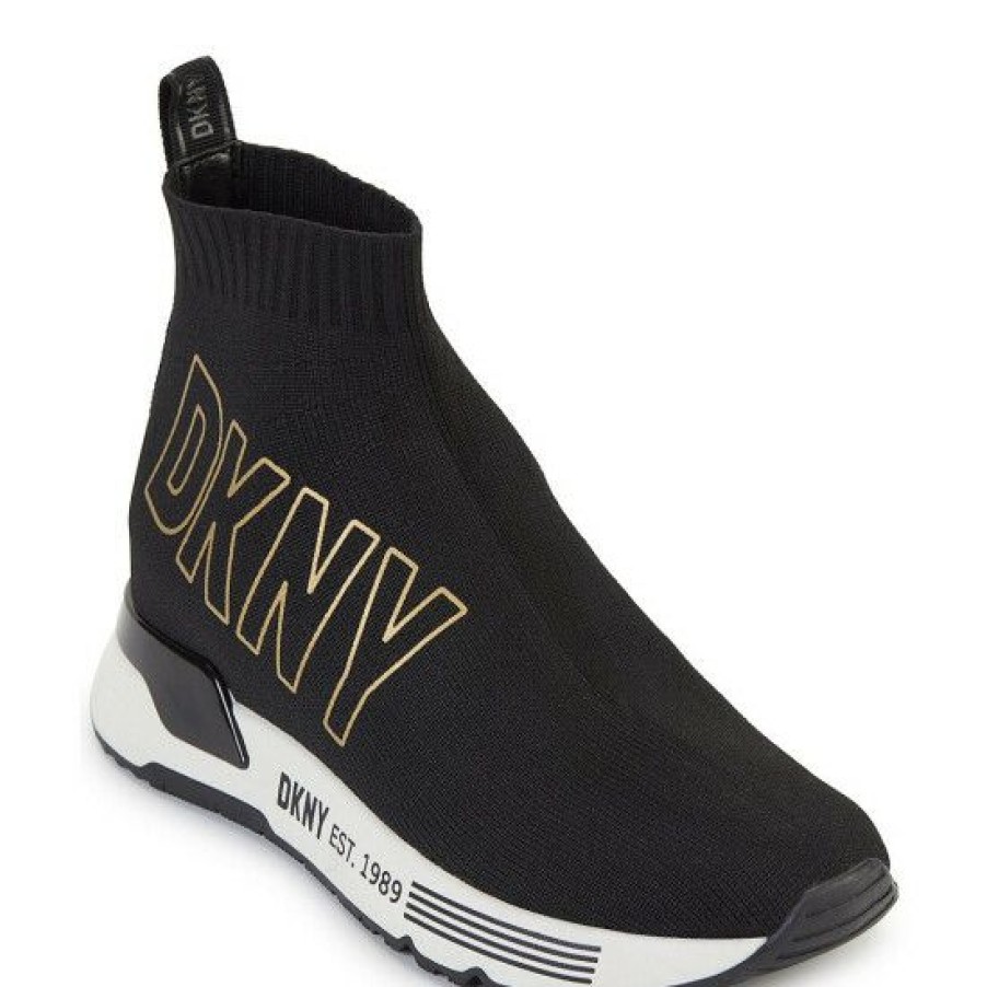 Shoes * | Top 10 Dkny Nona Stretch Knit Sock Logo Sneakers Black/Gold