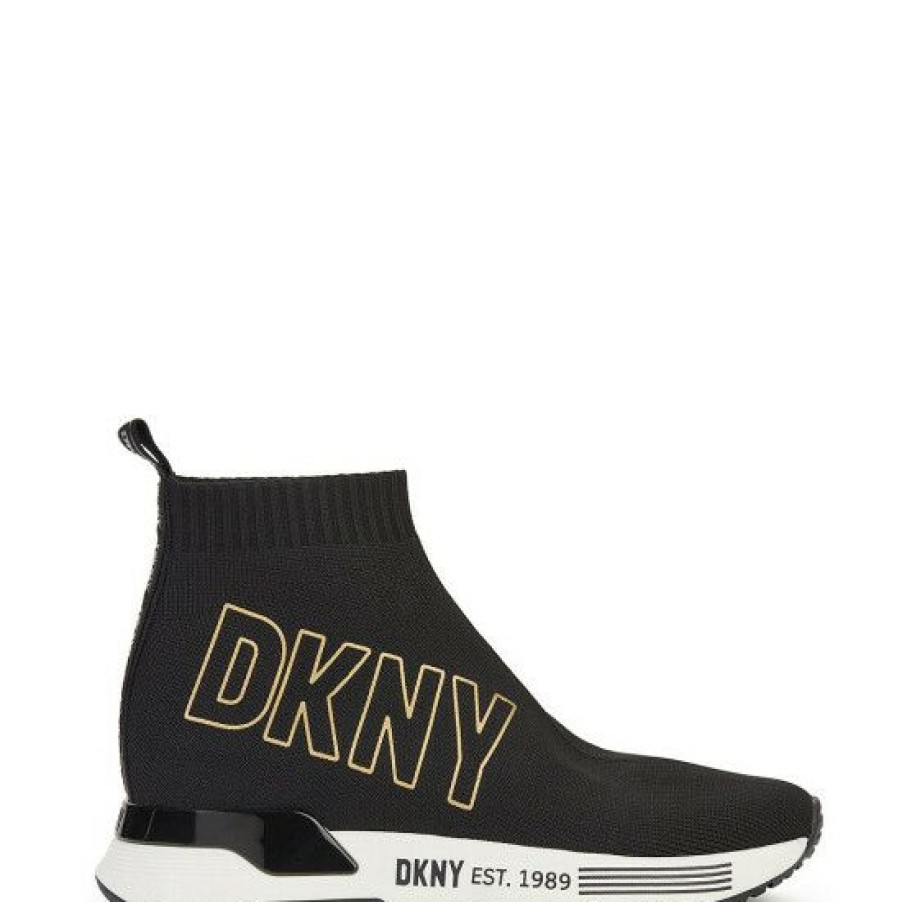 Shoes * | Top 10 Dkny Nona Stretch Knit Sock Logo Sneakers Black/Gold