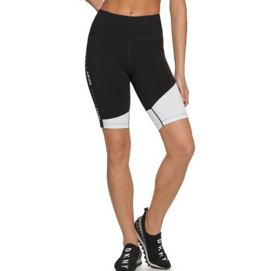 Women'S Clothing * | Best Sale Dkny Sport High Waist Color Block 9#Double; Pocketed Bike Shorts Black/White