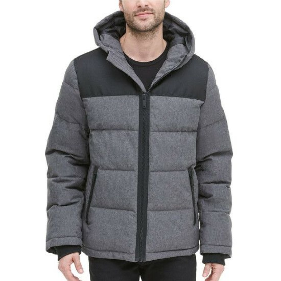 Men * | Top 10 Dkny Long-Sleeve Mixed-Media Quilted Full-Zip Hooded Snow Ski Jacket