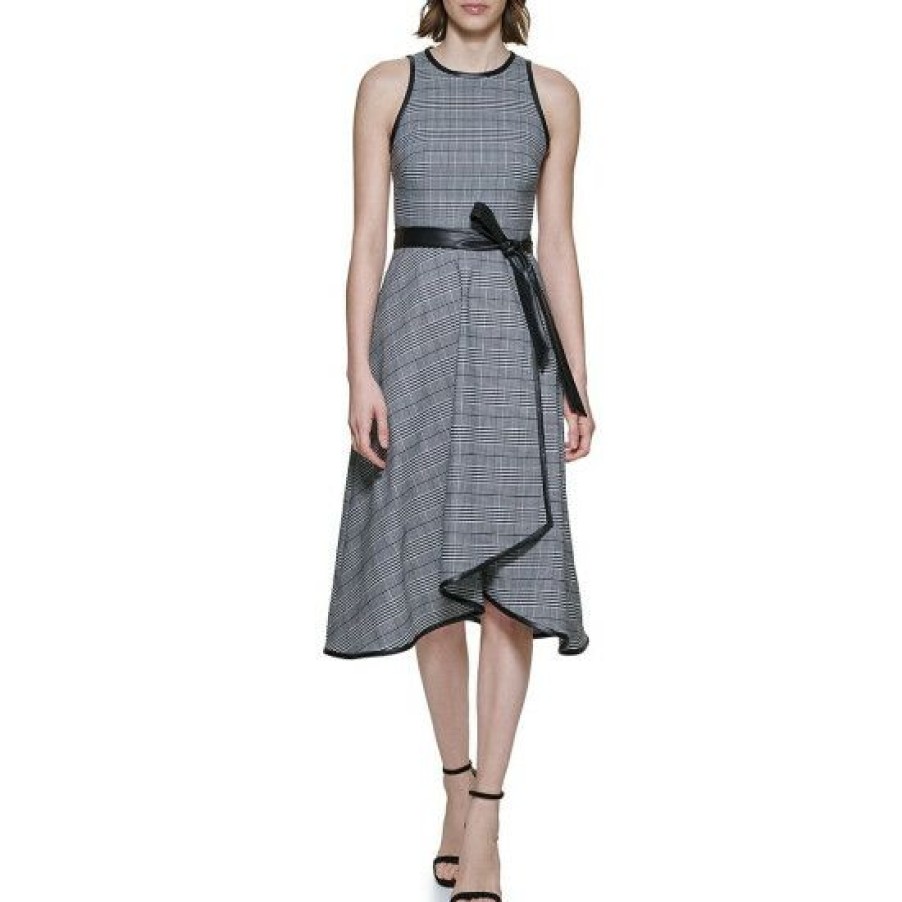 Women'S Clothing * | Hot Sale Dkny Plaid Print Crew Neck Sleeveless Piping Trim Vegan Leather Belted High-Low Dress Black/Ivory