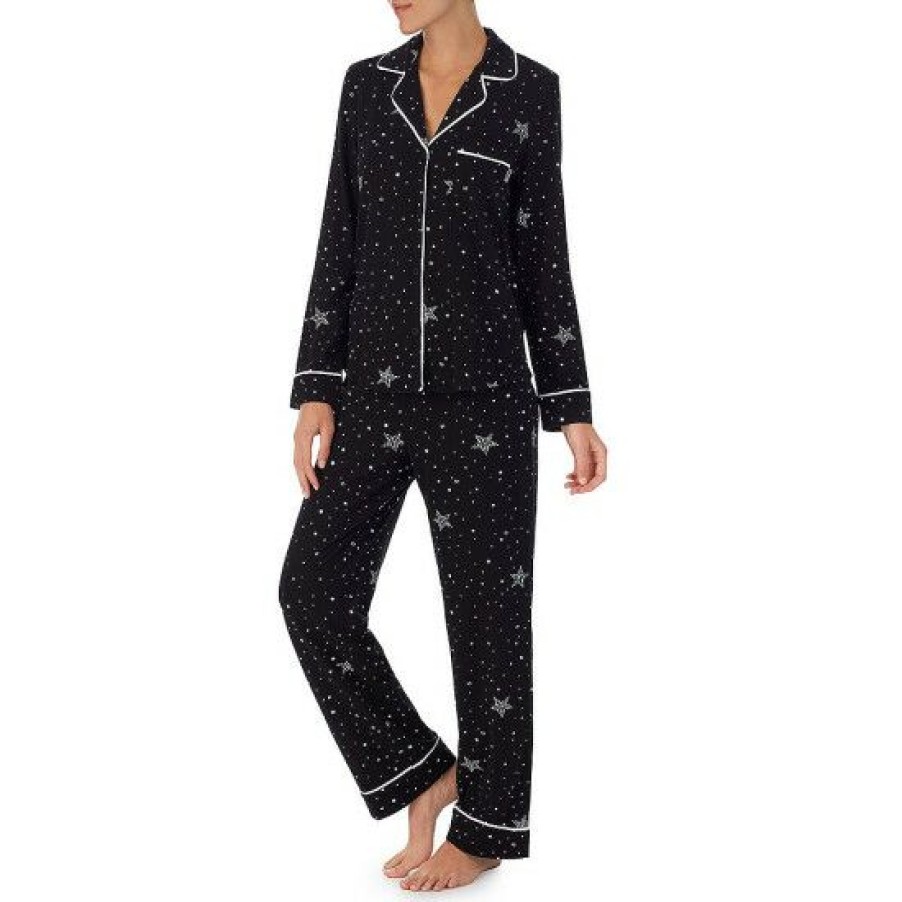 Lingerie * | Wholesale Dkny Long Sleeve Notch Collar Brushed Jersey Knit Star Print Pajama Set Black Print