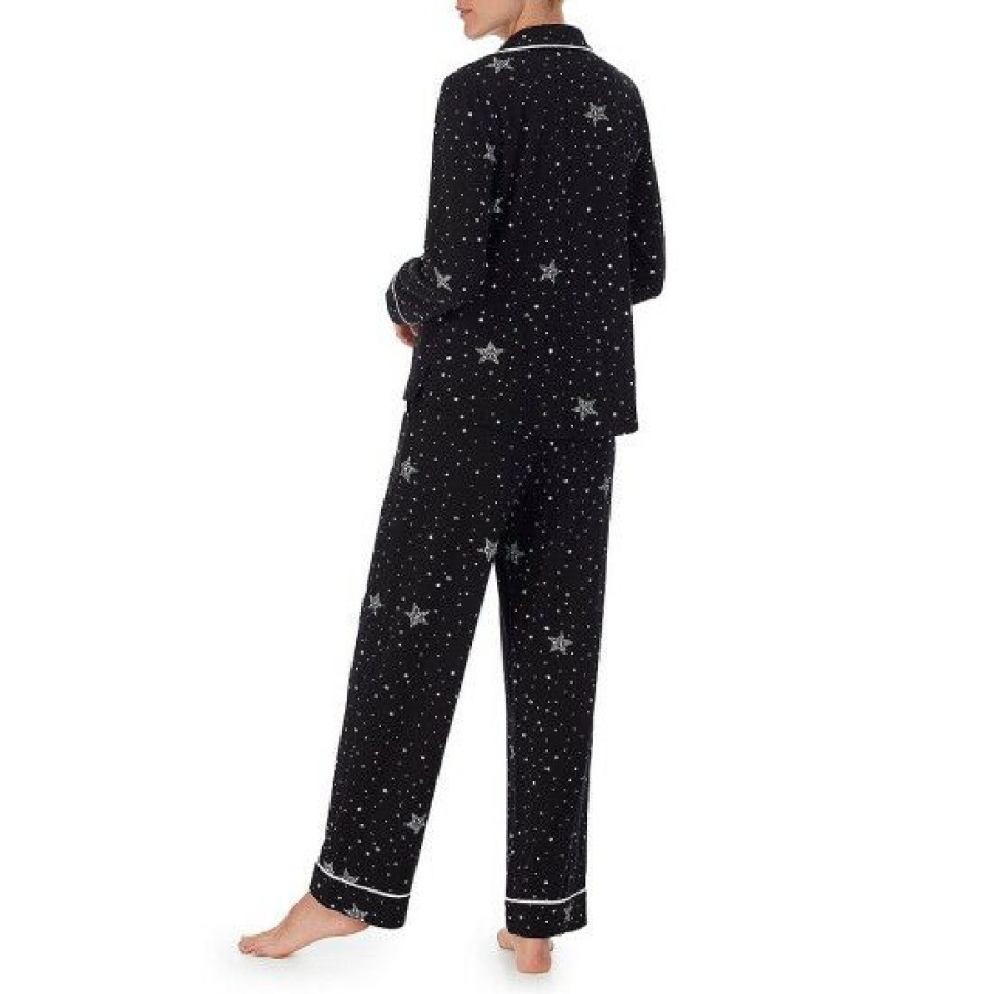 Lingerie * | Wholesale Dkny Long Sleeve Notch Collar Brushed Jersey Knit Star Print Pajama Set Black Print