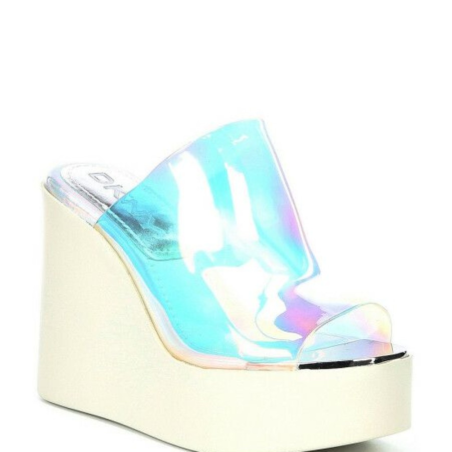 Shoes * | New Dkny Pen Iridescent Slip-On Wedge Sandals Silver