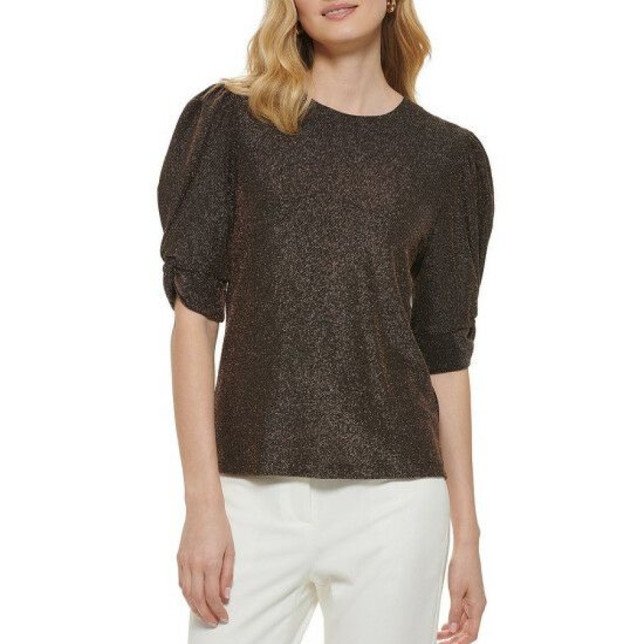 Women'S Clothing * | Wholesale Dkny Knit Jewel Neck Ruched 3/4 Sleeve Blouse