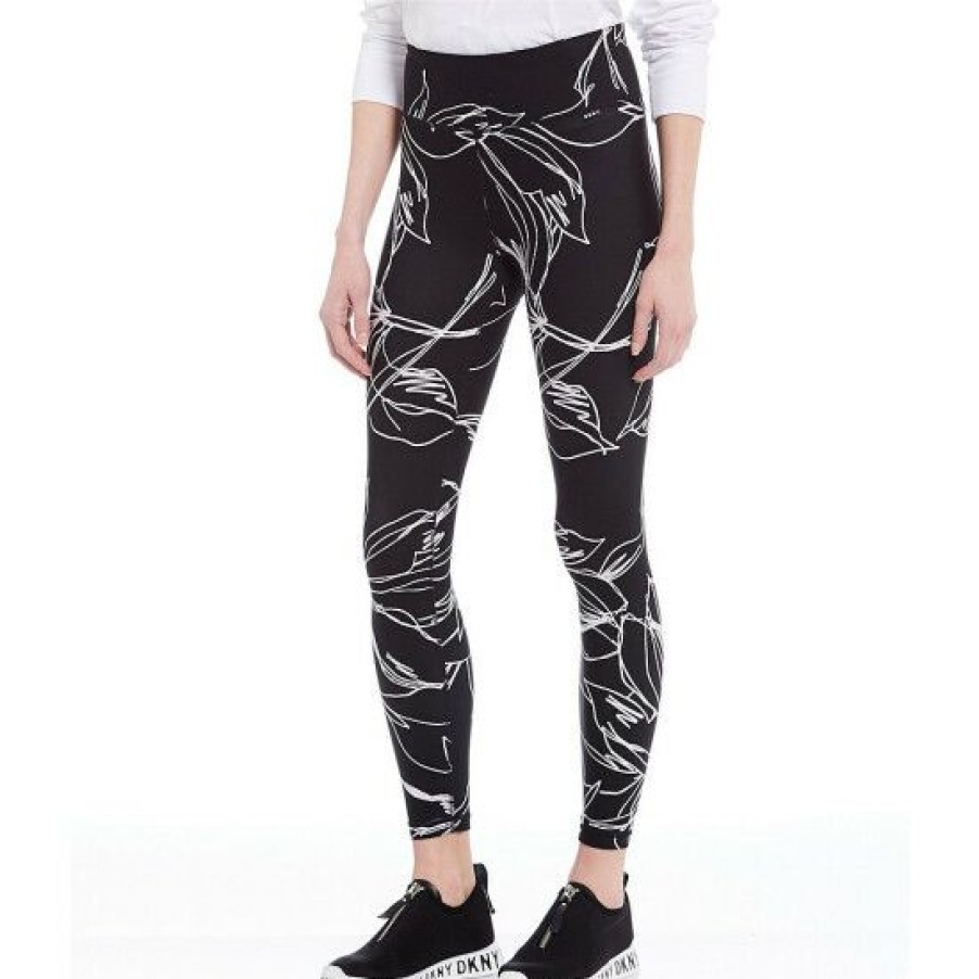 Women'S Clothing * | Hot Sale Dkny Sport Etch Floral Print High Waisted 7/8 Leggings Black