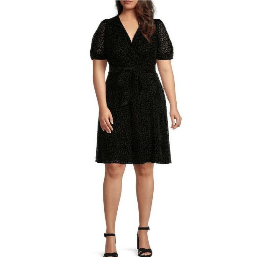 Women'S Clothing * | Cheap Dkny Plus Size Velvet Burnout Short Knot Puff Sleeve Surplice V-Neck Tie Waist Faux Wrap Dress Black