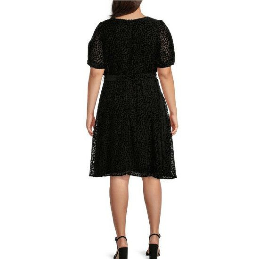 Women'S Clothing * | Cheap Dkny Plus Size Velvet Burnout Short Knot Puff Sleeve Surplice V-Neck Tie Waist Faux Wrap Dress Black