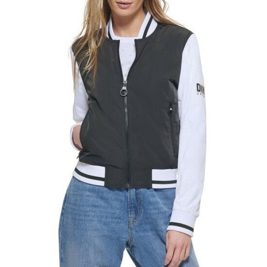 Women'S Clothing * | Buy Dkny Jeans Color Block Logo Long Sleeve Ribbed Stand Collar Zip Front Bomber Windbreaker Jacket Black/White