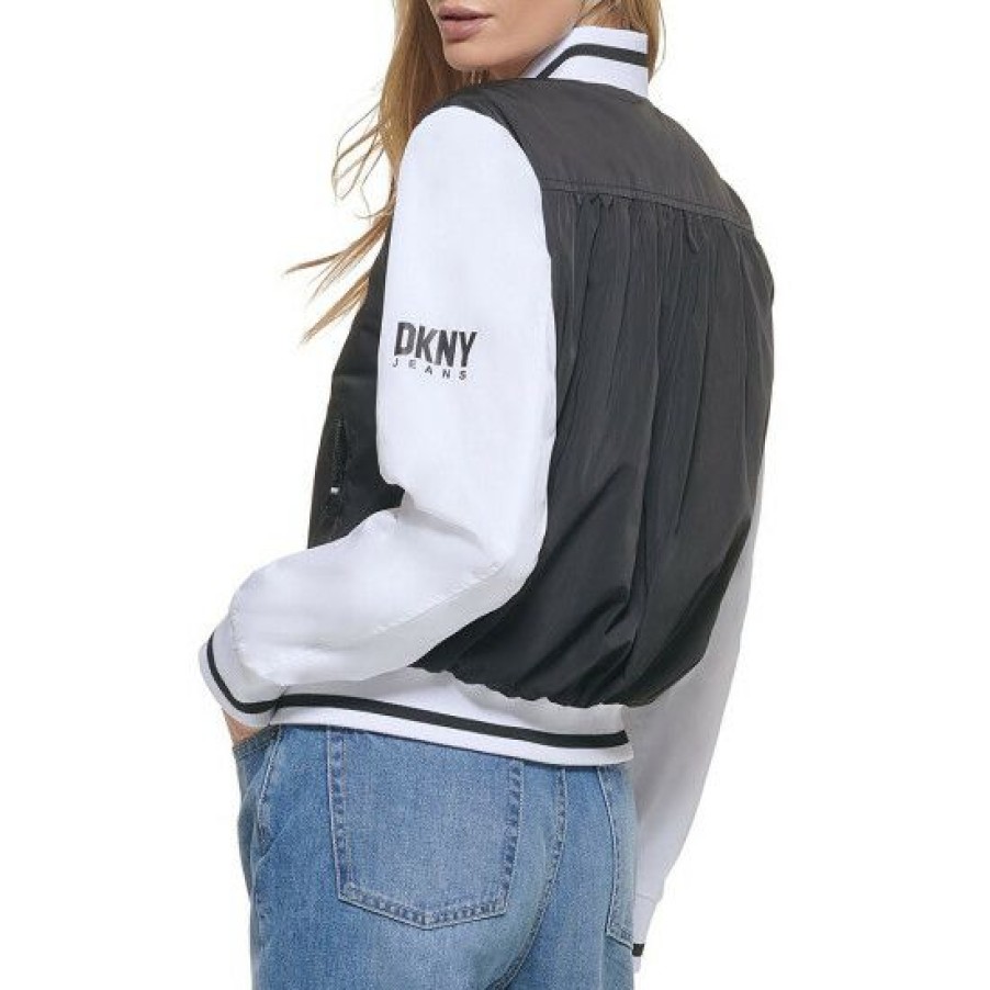 Women'S Clothing * | Buy Dkny Jeans Color Block Logo Long Sleeve Ribbed Stand Collar Zip Front Bomber Windbreaker Jacket Black/White