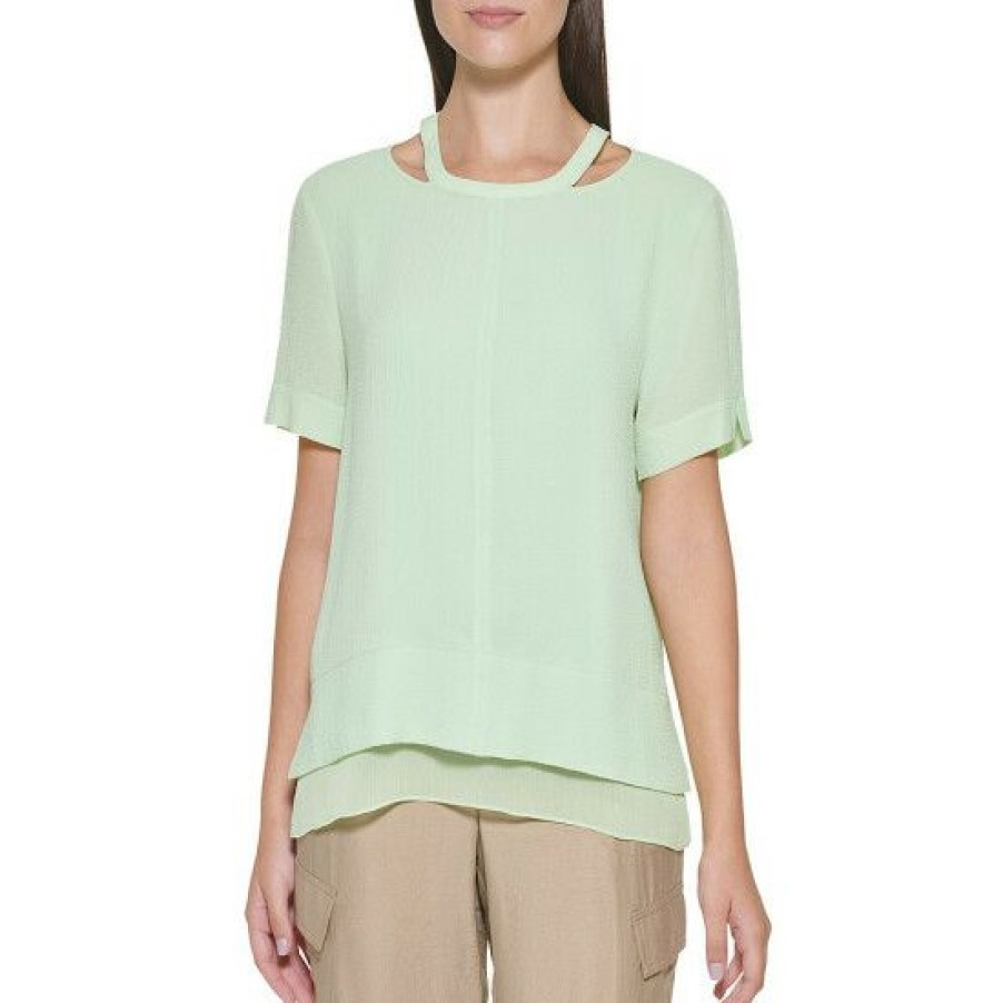 Women'S Clothing * | Buy Dkny Bubble Crepe Round Band Cutout Crew Neck Short Sleeve Chiffon Layered Hem Top Lazer