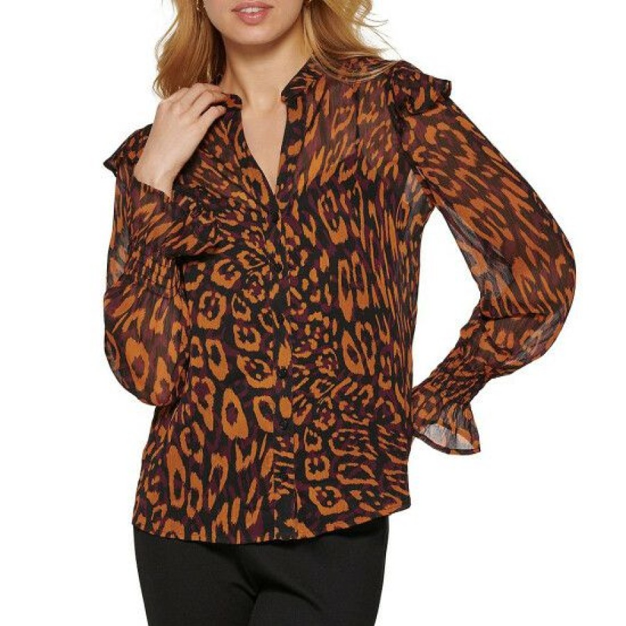 Women'S Clothing * | Brand New Dkny Split V-Neck Button Front Long Ruffle Sleeve Blouse Roasted Pecan