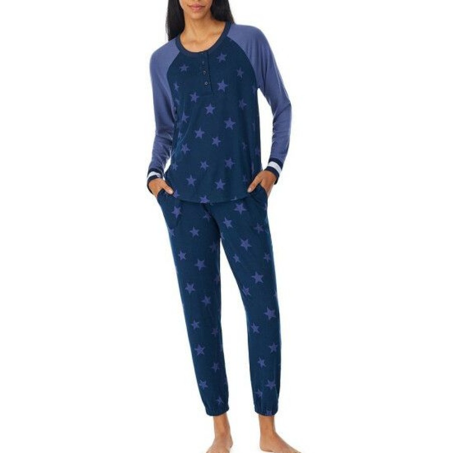 Lingerie * | Best Deal Dkny Star Print Long Sleeve Round Neck Henley Pajama Set Navy Print