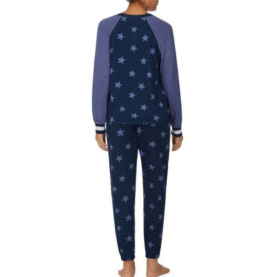 Lingerie * | Best Deal Dkny Star Print Long Sleeve Round Neck Henley Pajama Set Navy Print