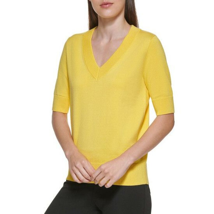 Women'S Clothing * | Discount Dkny Ribbed V-Neck Short Elbow Sleeve Knit Top Sunbeam