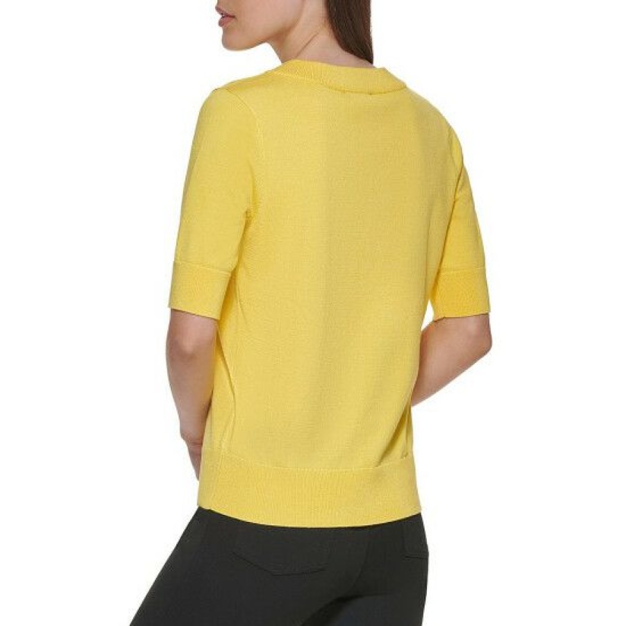 Women'S Clothing * | Discount Dkny Ribbed V-Neck Short Elbow Sleeve Knit Top Sunbeam