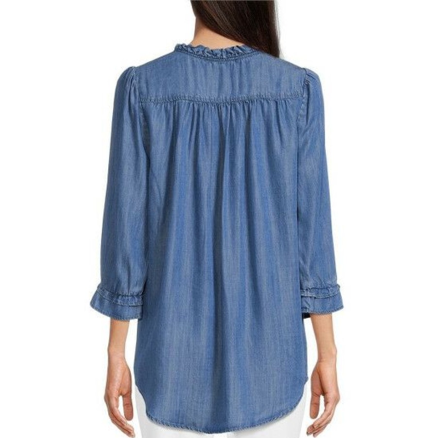 Women'S Clothing * | Best Sale Dkny Jeans Ruffle Trim Split Tie Mock Neck 3/4 Sleeve Top Light Wash Denim