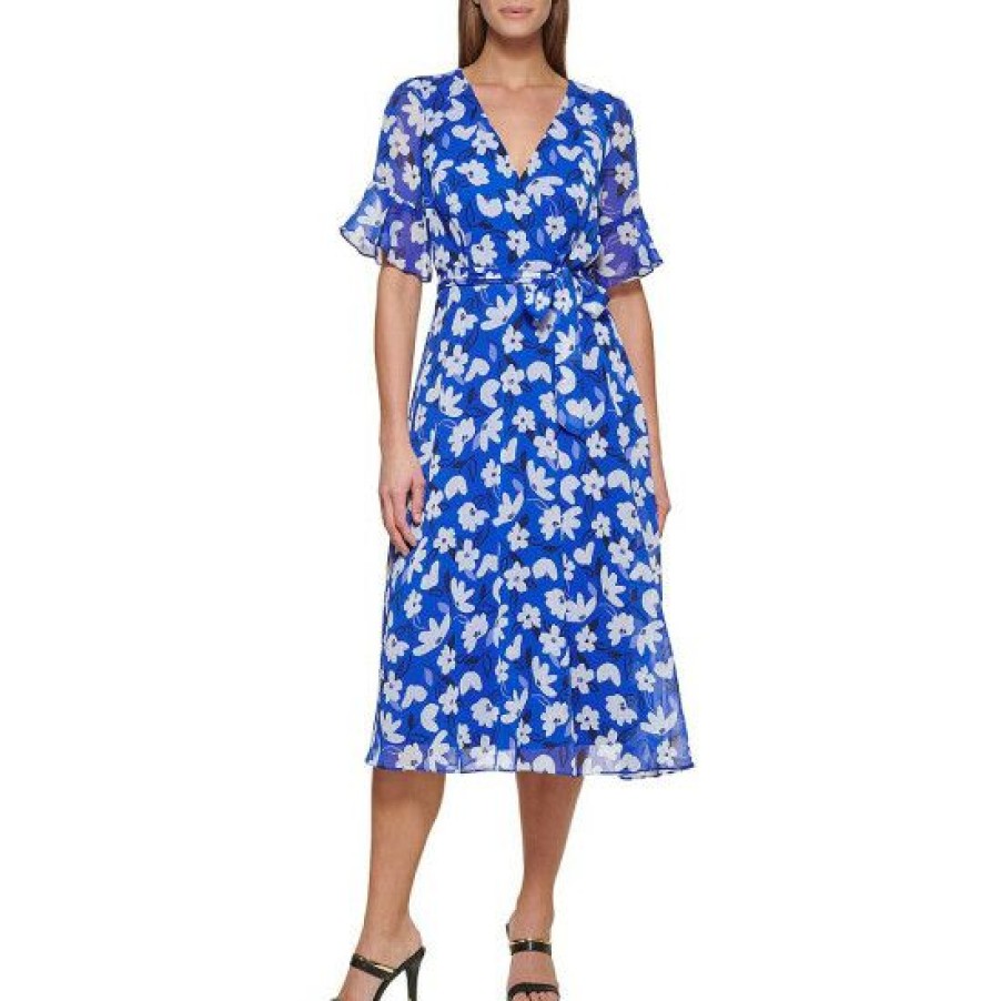 Women'S Clothing * | Discount Dkny Floral Print Chiffon Surplice V-Neck Short Ruffle Sleeve Faux Wrap Tie Waist Midi Dress Iris Multi