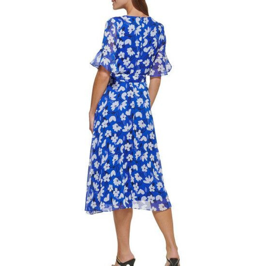 Women'S Clothing * | Discount Dkny Floral Print Chiffon Surplice V-Neck Short Ruffle Sleeve Faux Wrap Tie Waist Midi Dress Iris Multi