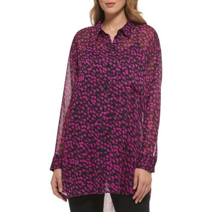 Women'S Clothing * | Deals Dkny Printed Point Collar Button Front Blouse