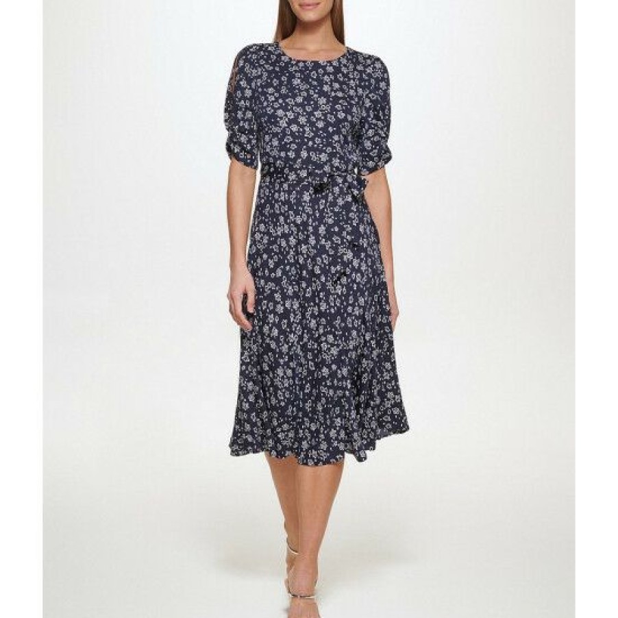 Women'S Clothing * | Best Sale Dkny Floral Print Knot Short Split Sleeve Round Neck Tie Waist Godet Midi Dress Navy/Cream Multi