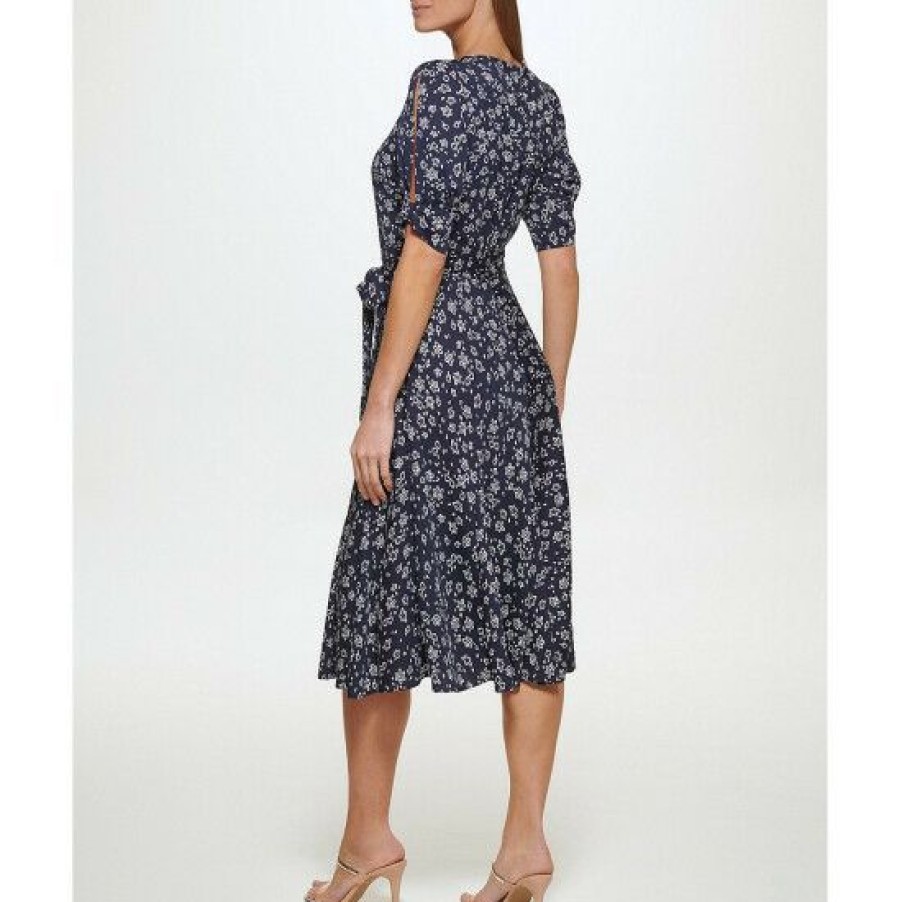 Women'S Clothing * | Best Sale Dkny Floral Print Knot Short Split Sleeve Round Neck Tie Waist Godet Midi Dress Navy/Cream Multi