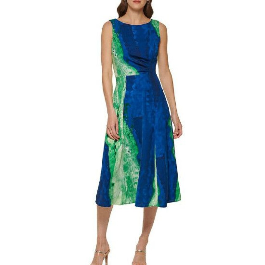 Women'S Clothing * | Flash Sale Dkny Agate Printed Round Neck Sleeveless Side Ruched A-Line Midi Dress Green Grass