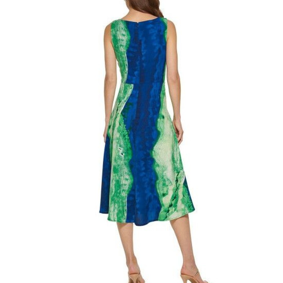 Women'S Clothing * | Flash Sale Dkny Agate Printed Round Neck Sleeveless Side Ruched A-Line Midi Dress Green Grass