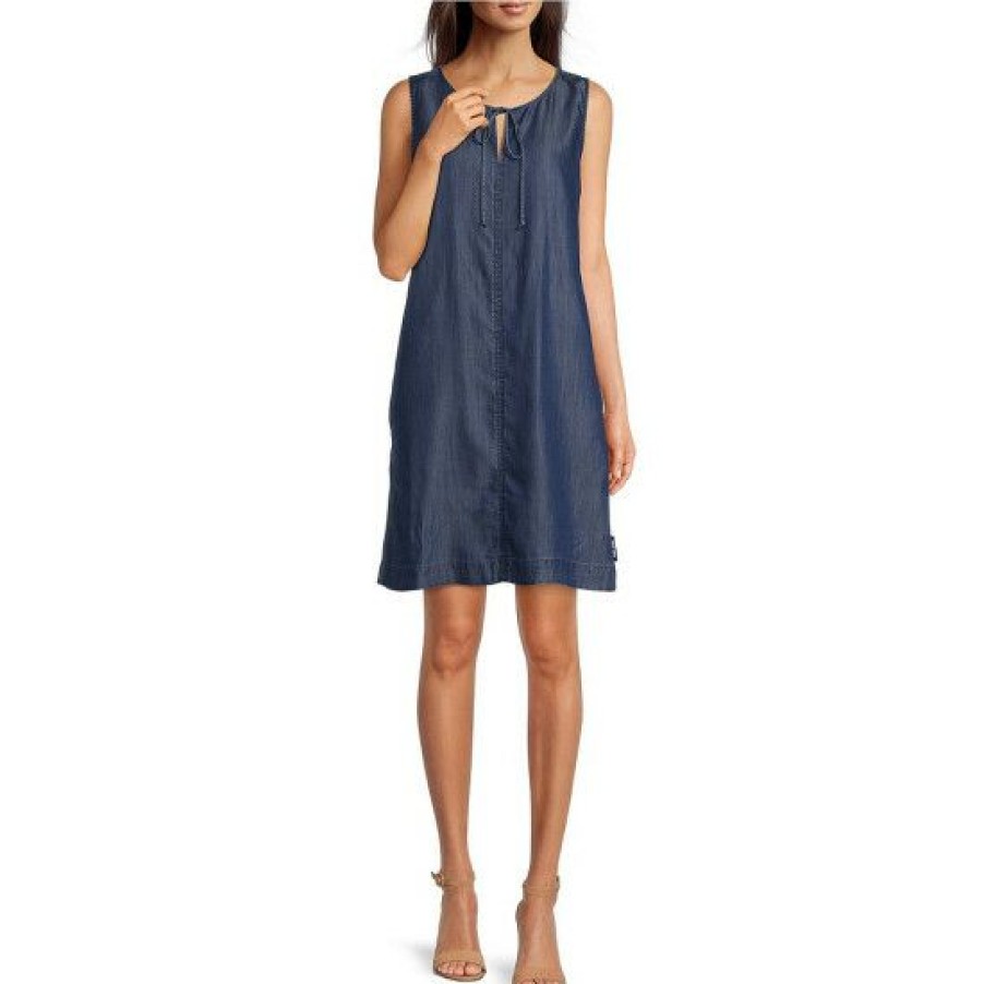 Women'S Clothing * | Top 10 Dkny Jeans Tencel Sleeveless Tie Round Neck Waistless Dress