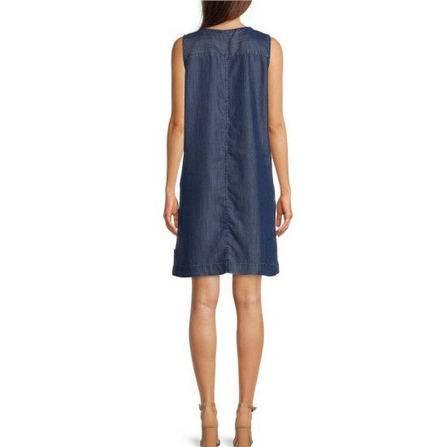 Women'S Clothing * | Top 10 Dkny Jeans Tencel Sleeveless Tie Round Neck Waistless Dress