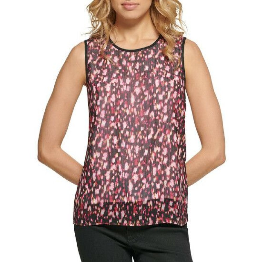 Women'S Clothing * | Budget Dkny Printed Chiffon Jewel Neck Sleeveless Tank Top Black/Lipgloss Multi