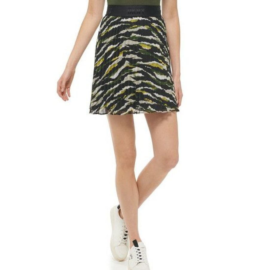 Women'S Clothing * | Outlet Dkny Sheer Abstract Animal Print Waist Seam A-Line Mini Skirt Black/Cadet Green