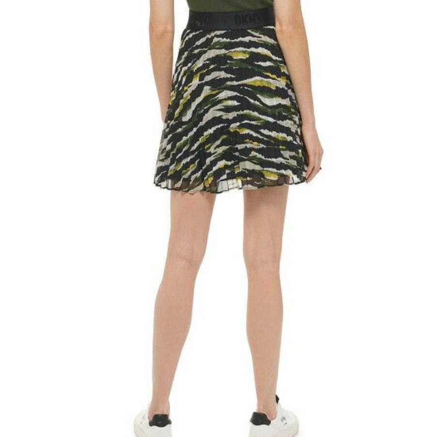 Women'S Clothing * | Outlet Dkny Sheer Abstract Animal Print Waist Seam A-Line Mini Skirt Black/Cadet Green