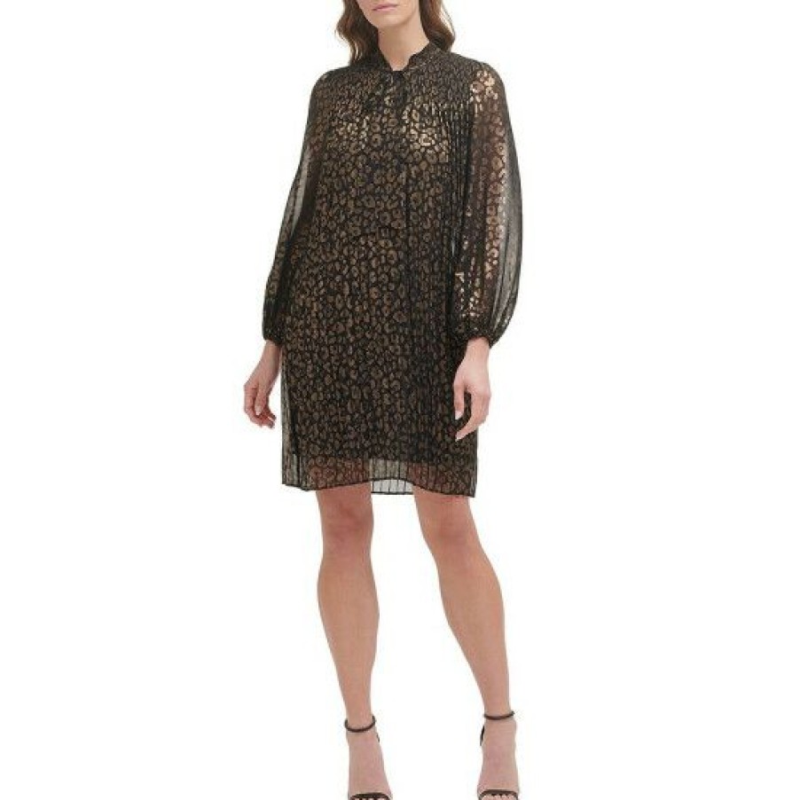 Women'S Clothing * | Discount Dkny Petite Size Leopard Foil Print Tie Mock Neck Long Sleeve Shift Dress Gold/Black