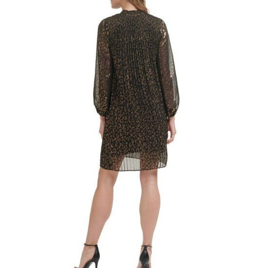 Women'S Clothing * | Discount Dkny Petite Size Leopard Foil Print Tie Mock Neck Long Sleeve Shift Dress Gold/Black