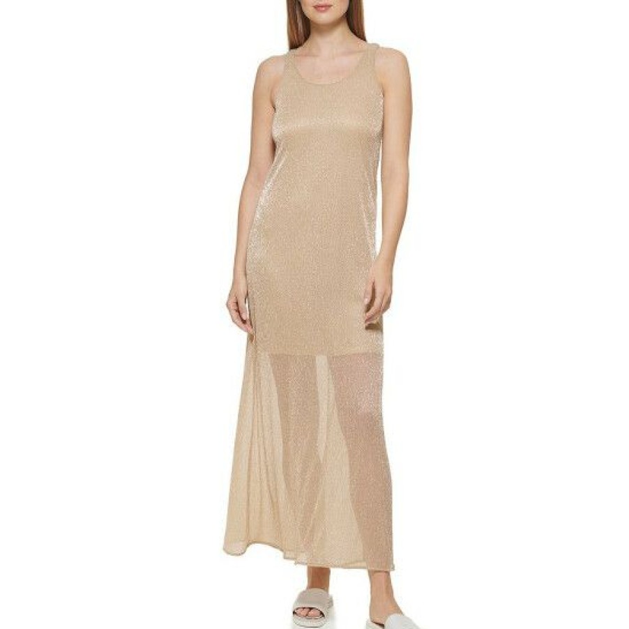 Women'S Clothing * | Promo Dkny Metallic Crinkle Stretch Scoop Neck Sleeveless Maxi Dress Metallic Gold