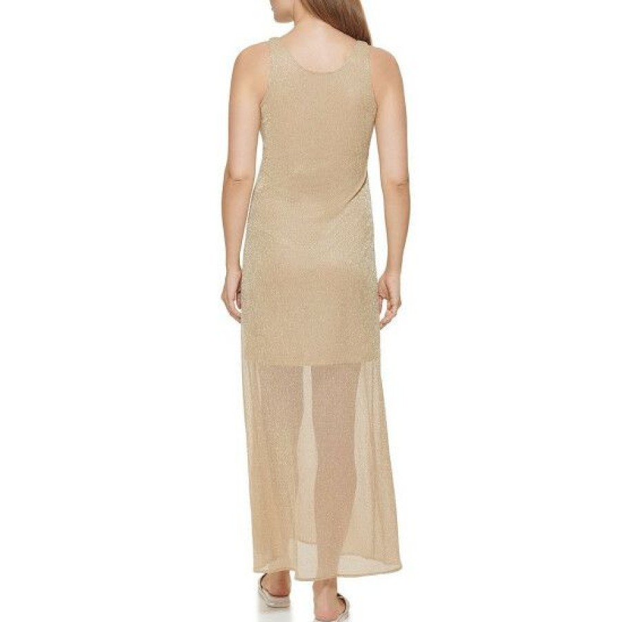 Women'S Clothing * | Promo Dkny Metallic Crinkle Stretch Scoop Neck Sleeveless Maxi Dress Metallic Gold