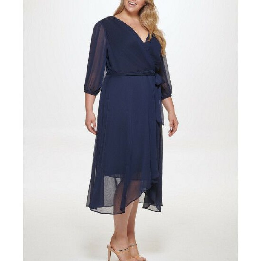 Women'S Clothing * | Top 10 Dkny Plus Size Chiffon V-Neck 3/4 Sleeve Midi Wrap Dress Navy