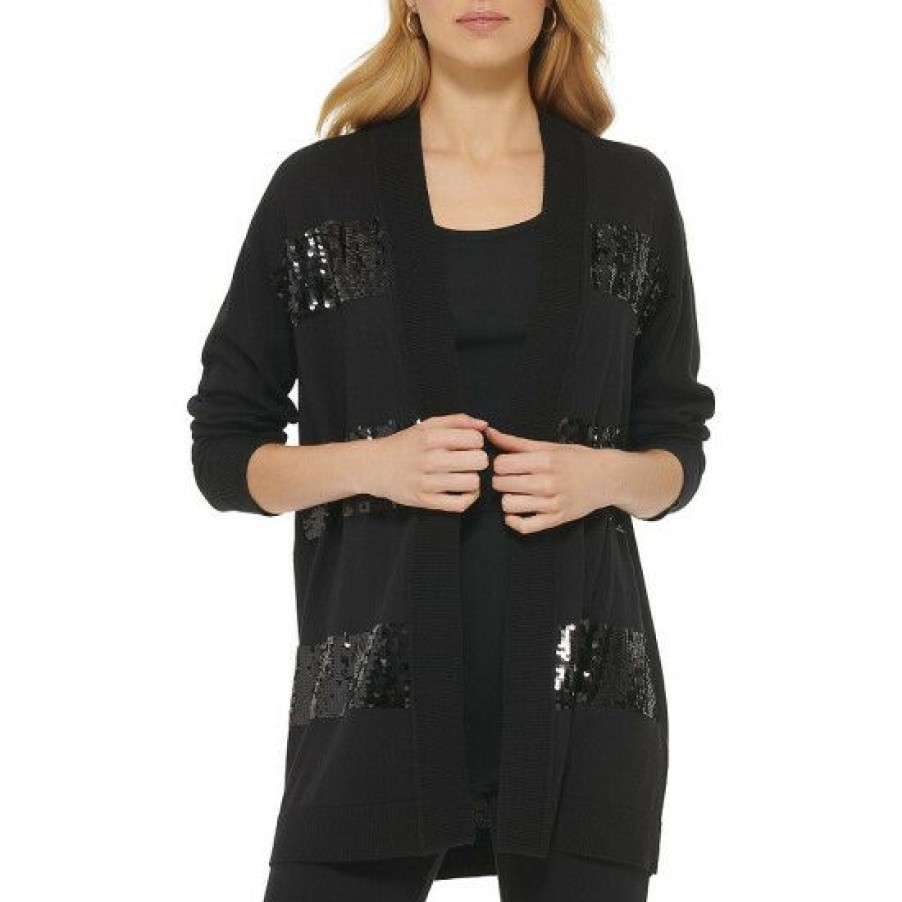 Women'S Clothing * | Cheapest Dkny Long Sleeve Sequin Striped Cardigan Black