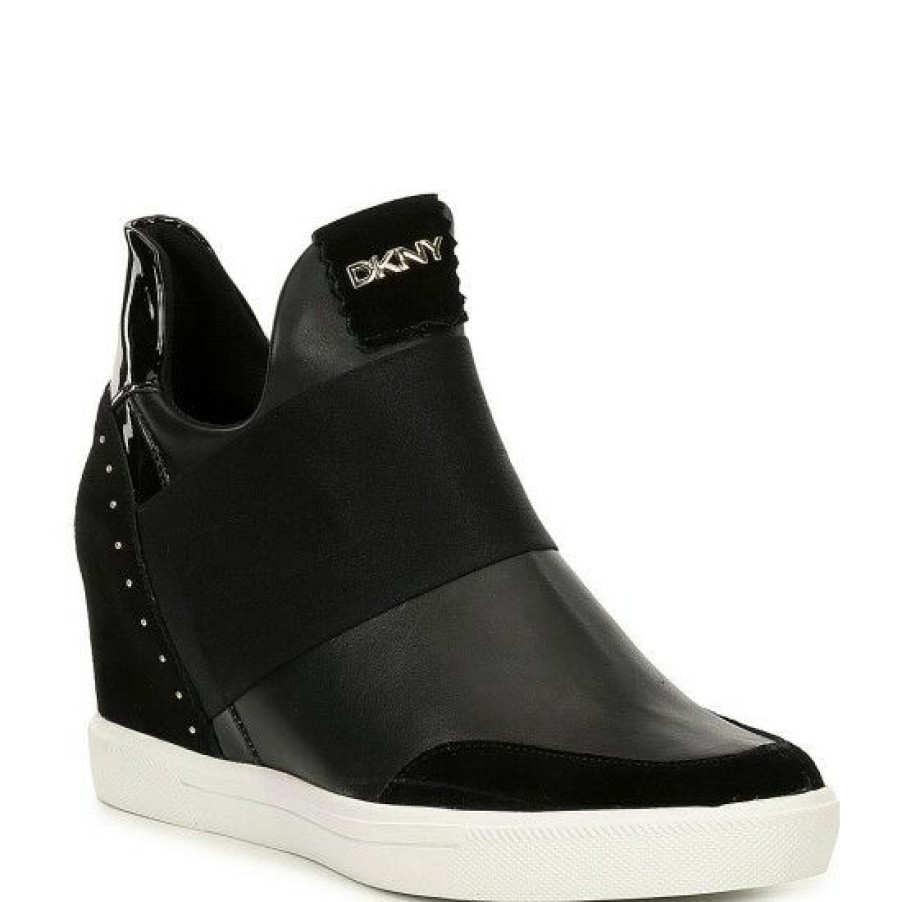 Shoes * | Best Pirce Dkny Cailin Leather And Suede Wedge Sneakers Black