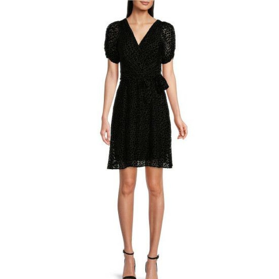 Women'S Clothing * | Wholesale Dkny Petite Size Velvet Burnout Surplice V-Neck Short Puffed Sleeve Faux Wrap Tie Waist Dress Black