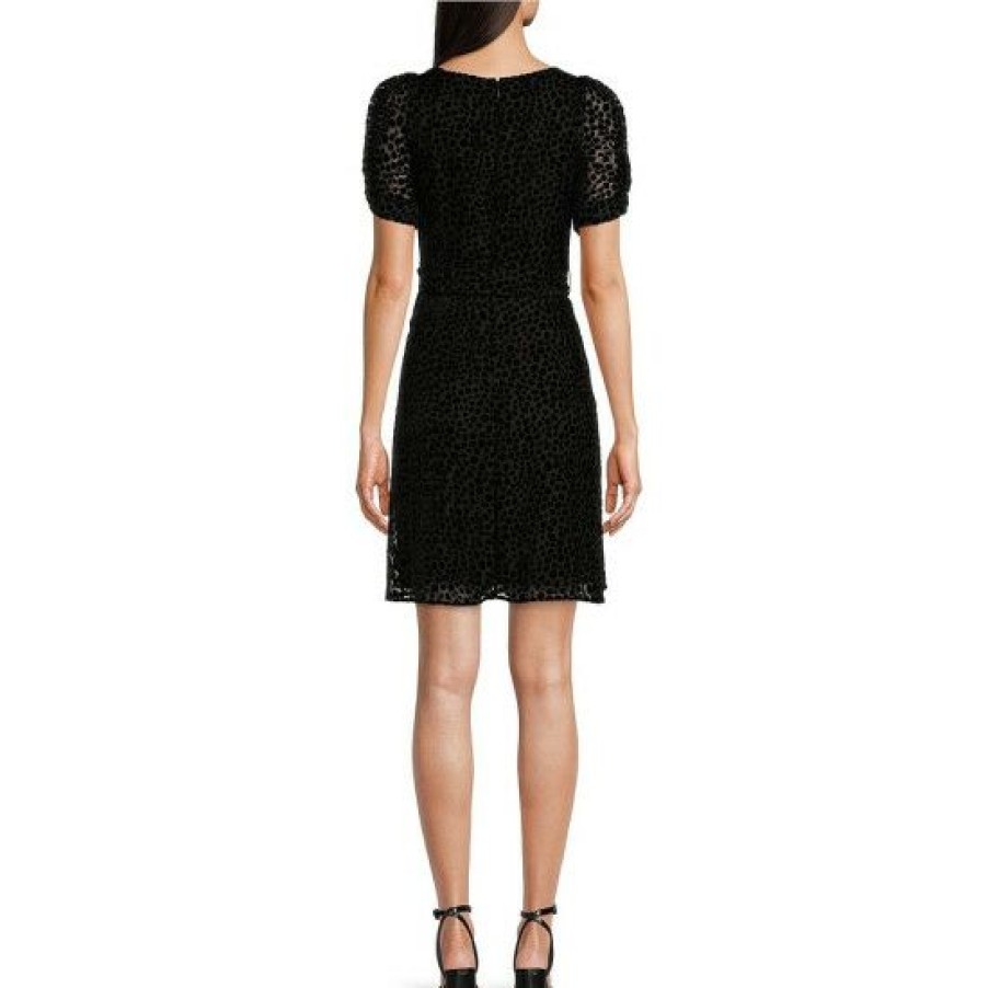 Women'S Clothing * | Wholesale Dkny Petite Size Velvet Burnout Surplice V-Neck Short Puffed Sleeve Faux Wrap Tie Waist Dress Black