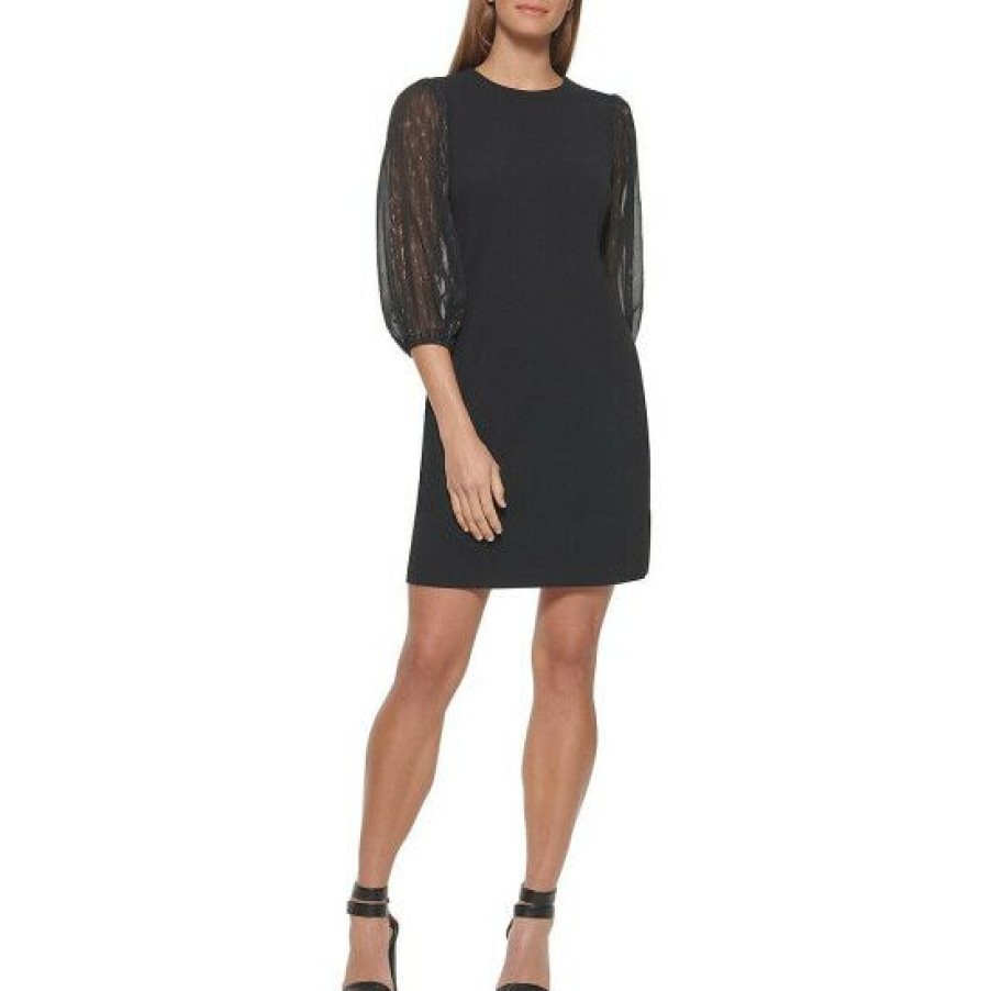 Women'S Clothing * | Brand New Dkny Stretch Crew Neck 3/4 Metallic Balloon Sleeve Shift Dress Black