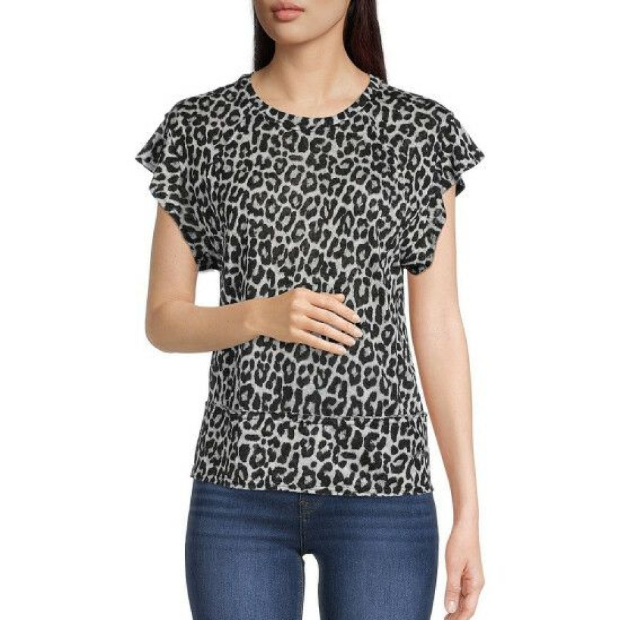 Women'S Clothing * | Budget Dkny Leopard Print Crew Neck Cap Raglan Flutter Sleeve Top