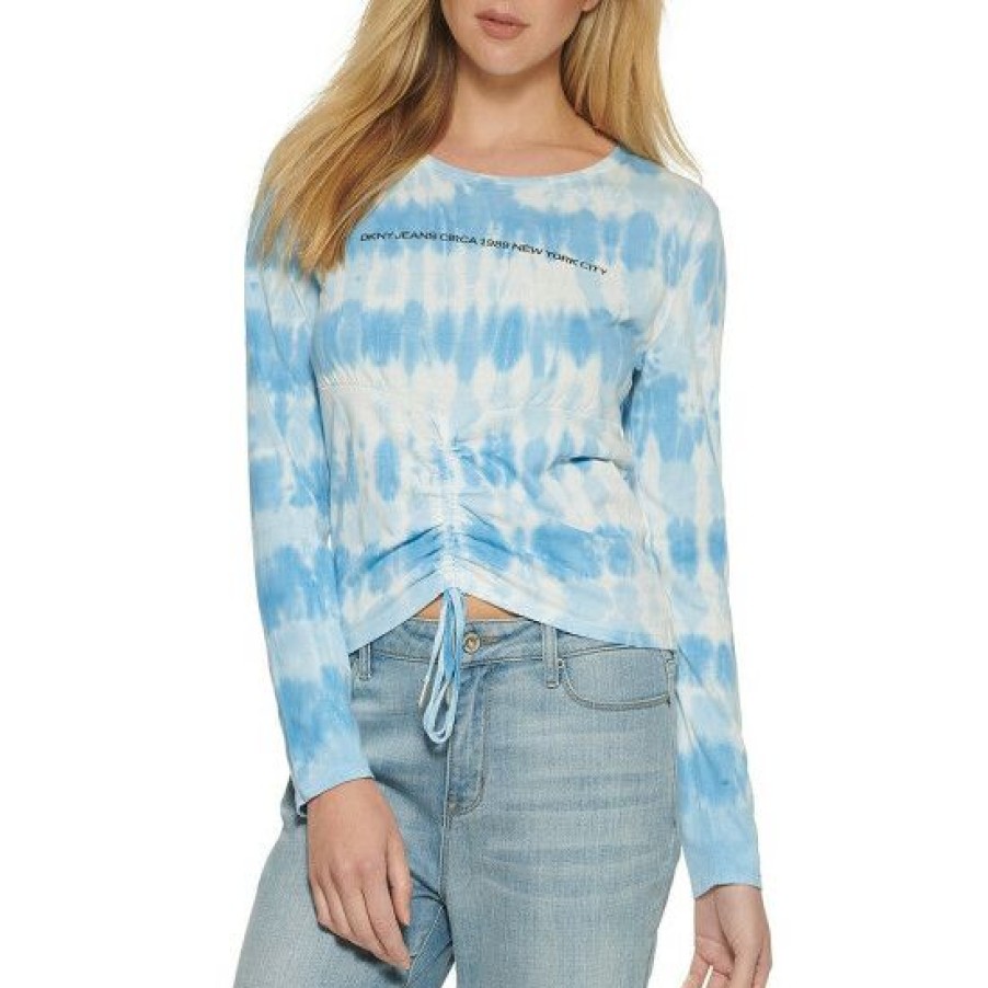 Women'S Clothing * | New Dkny Tie Dye Stripe Ruched Drawstring Front Round Neck Long Sleeve Top All Aboard Blue